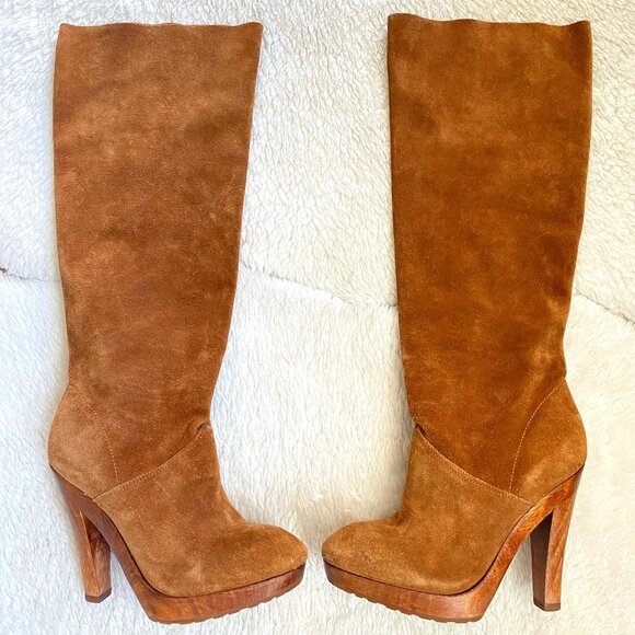 Michael Kors Tall Suede Platform Wooden Heel Boots – Size 5.5M